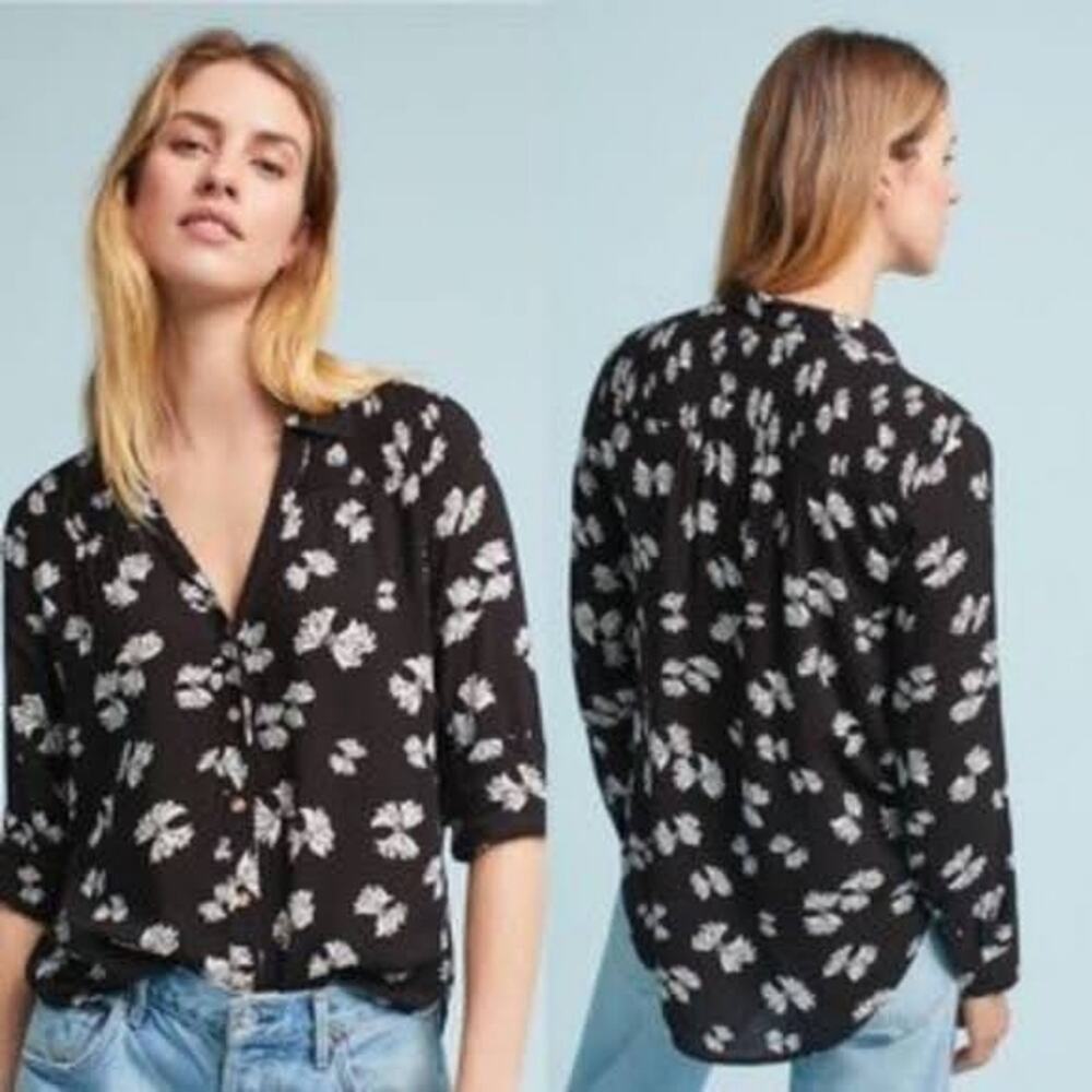 Maeve by Anthropologie Black & White Floral Print Emory Bow Blouse Size 2